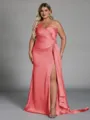 Unique Sheath One-Shoulder Pleated Floor-Length NS Elastic Woven Satin Corset Plus Size Bridesmaid Dress