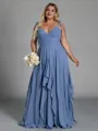 Classy A-line V-Neck Ruffles Floor-Length Chiffon Corset Plus Size Bridesmaid Dress