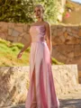 Glam A-line Spaghetti Straps Pleated Floor-Length Silk Like Satin Bridesmaid Dress