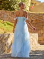 Unique A-line Off-the-Shoulder Ruffles Floor-Length Tulle Corset Bridesmaid Dress