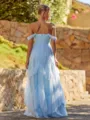 Unique A-line Off-the-Shoulder Ruffles Floor-Length Tulle Corset Bridesmaid Dress