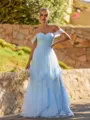 Unique A-line Off-the-Shoulder Ruffles Floor-Length Tulle Corset Bridesmaid Dress