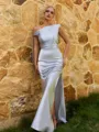 Glamorous Sheath One-Shoulder Pleated Floor-Length Silk Like Satin Bridesmaid Dress