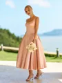 Enchanting A-line Square Tea-Length Satin Corset Bridesmaid Dress