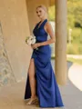 Aristocratic Sheath Halter Pleated Floor-Length Silk Like Satin Bridesmaid Dress