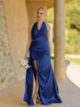 Aristocratic Sheath Halter Pleated Floor-Length Silk Like Satin Bridesmaid Dress