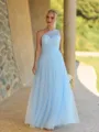 Splendiferous A-line One-Shoulder Pleated Floor-Length Tulle Corset Bridesmaid Dress