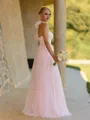Fashion-forward A-line Halter Pleated Floor-Length Tulle Corset Bridesmaid Dress