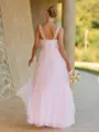 Fashion-forward A-line Halter Pleated Floor-Length Tulle Corset Bridesmaid Dress