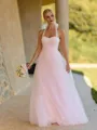 Fashion-forward A-line Halter Pleated Floor-Length Tulle Corset Bridesmaid Dress