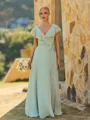 Stunning A-line V-Neck Short Sleeves Sash/Ribbon/Belt Floor-Length Chiffon Bridesmaid Dress