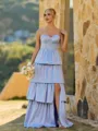 Glamorous A-line Spaghetti Straps Cascading Ruffles Floor-Length Charmeuse Corset Bridesmaid Dress