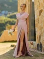 Perfect Sheath V-Neck Short Sleeves Pleated Floor-Length Stretch Crepe Bridesmaid Dress