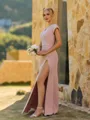 Perfect Sheath V-Neck Short Sleeves Pleated Floor-Length Stretch Crepe Bridesmaid Dress