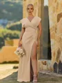 Perfect Sheath V-Neck Short Sleeves Pleated Floor-Length Stretch Crepe Bridesmaid Dress