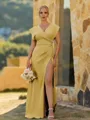 Perfect Sheath V-Neck Short Sleeves Pleated Floor-Length Stretch Crepe Bridesmaid Dress