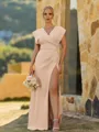 Perfect Sheath V-Neck Short Sleeves Pleated Floor-Length Stretch Crepe Bridesmaid Dress