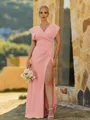 Perfect Sheath V-Neck Short Sleeves Pleated Floor-Length Stretch Crepe Bridesmaid Dress