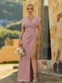 Perfect Sheath V-Neck Short Sleeves Pleated Floor-Length Stretch Crepe Bridesmaid Dress
