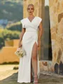 Perfect Sheath V-Neck Short Sleeves Pleated Floor-Length Stretch Crepe Bridesmaid Dress