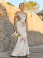 Hot Sheath Off-the-Shoulder Pleated Floor-Length Silk Like Satin Corset Bridesmaid Dress