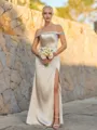 Hot Sheath Off-the-Shoulder Pleated Floor-Length Silk Like Satin Corset Bridesmaid Dress