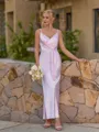Exquisite Sheath V-Neck Pleated Ankle-Length Silk Like Satin Corset Bridesmaid Dress