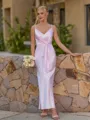 Exquisite Sheath V-Neck Pleated Ankle-Length Silk Like Satin Corset Bridesmaid Dress
