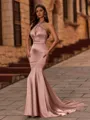 Fashion Sheath Halter Beading Sweep Train Silk Like Satin Corset Bridesmaid Dress