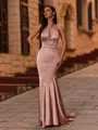 Fashion Sheath Halter Beading Sweep Train Silk Like Satin Corset Bridesmaid Dress