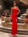 Glamorous Sheath One-Shoulder Pleated Floor-Length Jersey Wedding Guest Dress