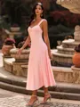 Elegant A-line Straps Pleated Tea-Length Jersey Wedding Guest Dress