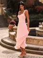 Elegant A-line Straps Pleated Tea-Length Jersey Wedding Guest Dress
