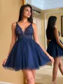 Perfect A-line V-Neck Appliques Lace Short/Mini Tulle Dress