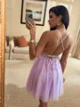 Trendy A-line V-Neck Appliques Lace Short/Mini Tulle Corset Dress