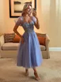 Aristocratic A-line Sweetheart Short Sleeves Corset Appliques Lace Tea-Length Lace Dress