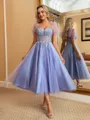 Aristocratic A-line Sweetheart Short Sleeves Corset Appliques Lace Tea-Length Lace Dress