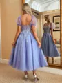 Aristocratic A-line Sweetheart Short Sleeves Corset Appliques Lace Tea-Length Lace Dress