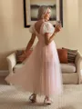 Glamorous A-line V-Neck Short Sleeves Pleated Tea-Length Tulle Dress