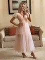 Glamorous A-line V-Neck Short Sleeves Pleated Tea-Length Tulle Dress