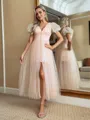 Glamorous A-line V-Neck Short Sleeves Pleated Tea-Length Tulle Dress