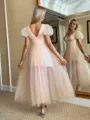 Glamorous A-line V-Neck Short Sleeves Pleated Tea-Length Tulle Dress