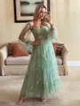 Hermosos A-line Sweetheart Long Sleeves Corset Flower Tea-Length Lace Dress