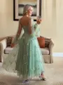 Hermosos A-line Sweetheart Long Sleeves Corset Flower Tea-Length Lace Dress