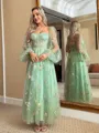 Hermosos A-line Sweetheart Long Sleeves Corset Flower Tea-Length Lace Dress