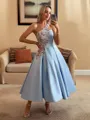 Perfect Ball-Gown One-Shoulder Flower Tea-Length Satin Dress