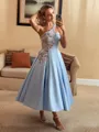 Perfect Ball-Gown One-Shoulder Flower Tea-Length Satin Dress
