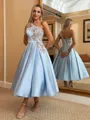 Perfect Ball-Gown One-Shoulder Flower Tea-Length Satin Dress