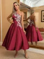 Perfect Ball-Gown One-Shoulder Flower Tea-Length Satin Dress