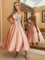 Perfect Ball-Gown One-Shoulder Flower Tea-Length Satin Dress